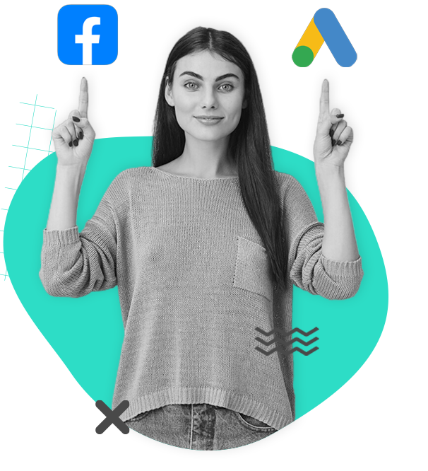 A woman pointing up with her fingers to Facebook and Google Ads logos wanting to maximize her ROI for ads