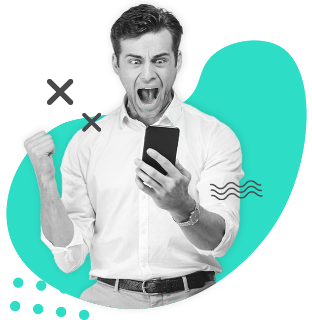 A man holding a phone excited about getting a qualified lead.